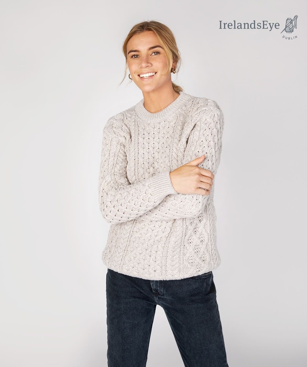 IrelandsEye Knitwear Silver Marl Wool Sweater w/ Honeycomb Stitch :