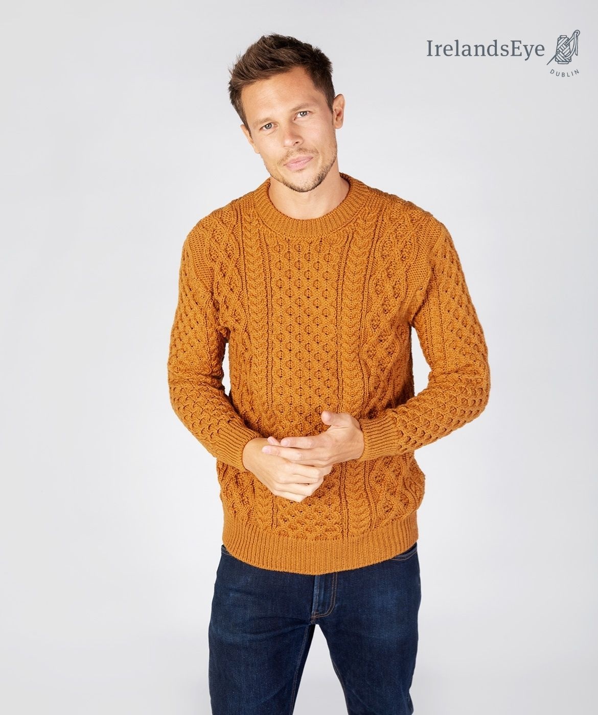 IrelandsEye Knitwear Golden Ochre Wool Sweater w/ Honeycomb Stitch :