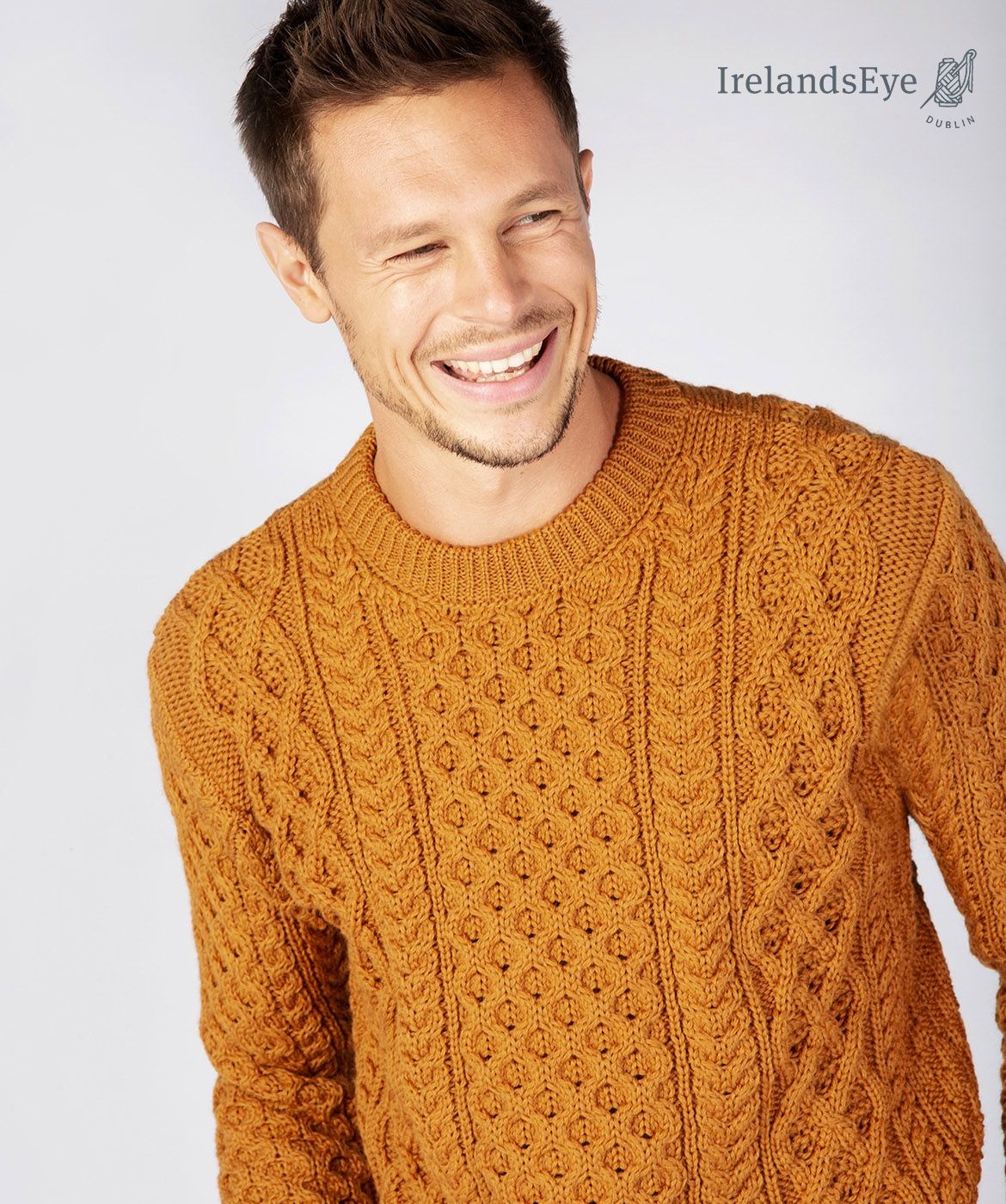 IrelandsEye Knitwear Golden Ochre Wool Sweater w/ Honeycomb Stitch