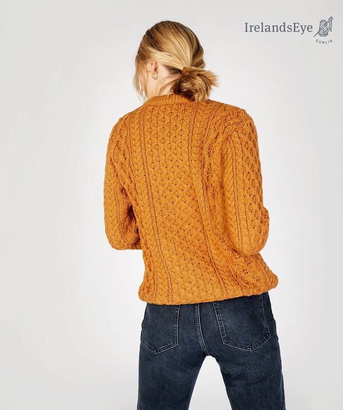 IrelandsEye Knitwear Golden Ochre Wool Sweater w/ Honeycomb Stitch :