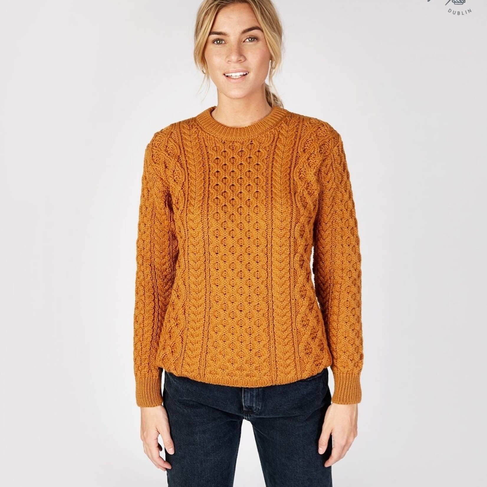 IrelandsEye Knitwear Golden Ochre Wool Sweater w/ Honeycomb Stitch :