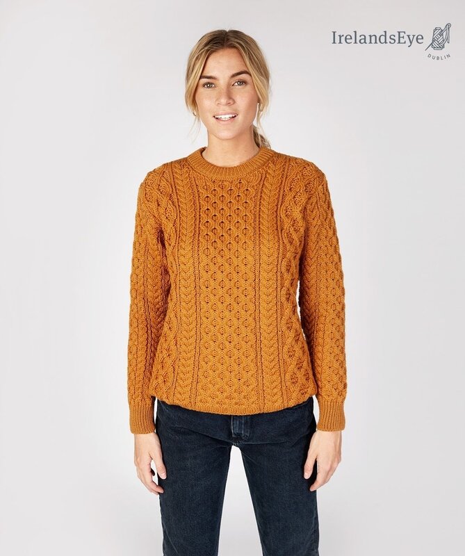 IrelandsEye Knitwear Golden Ochre Wool Sweater w/ Honeycomb Stitch :