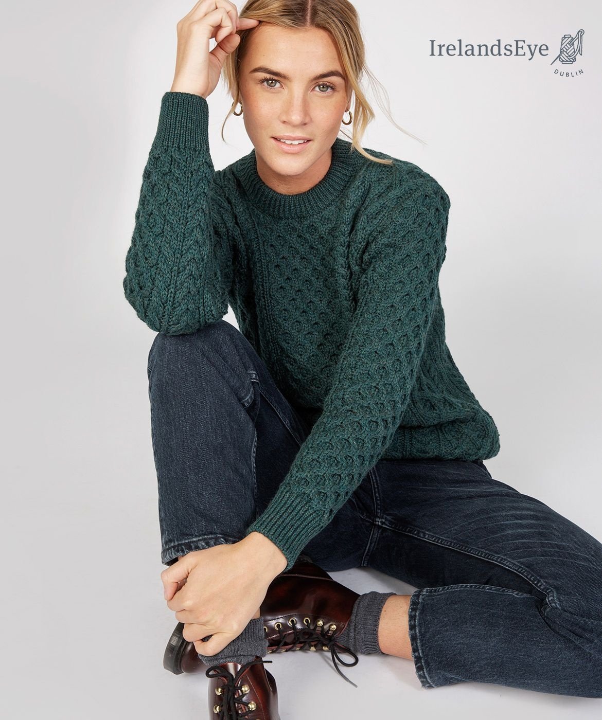 IrelandsEye Knitwear Honeycomb Wool Sweater: Evergreen Size XS