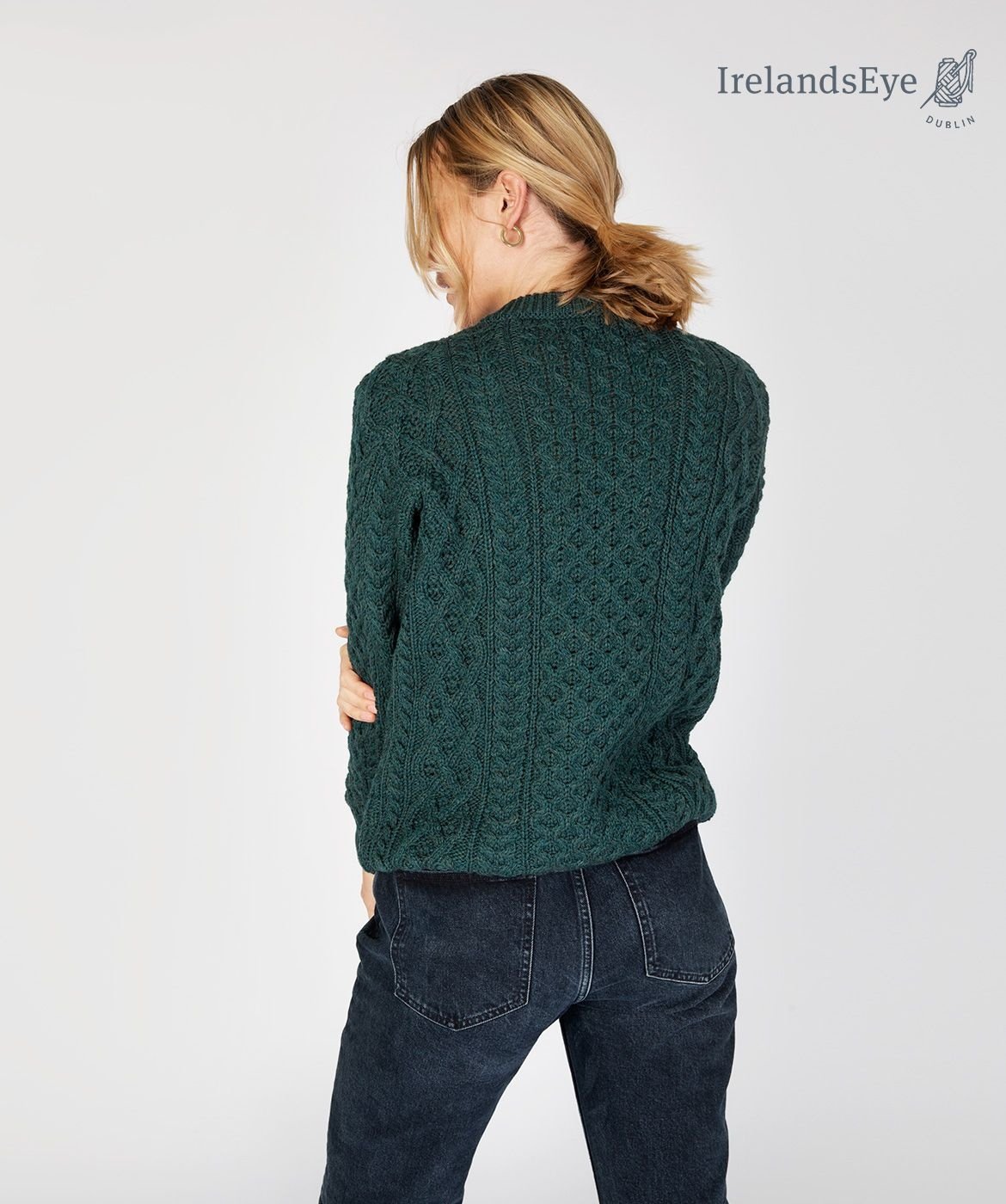 IrelandsEye Knitwear Honeycomb Wool Sweater: Evergreen Size XS