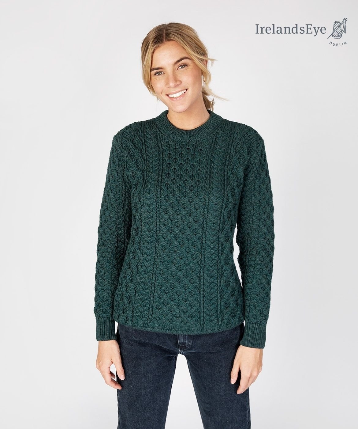 IrelandsEye Knitwear Honeycomb Wool Sweater: Evergreen Size XS