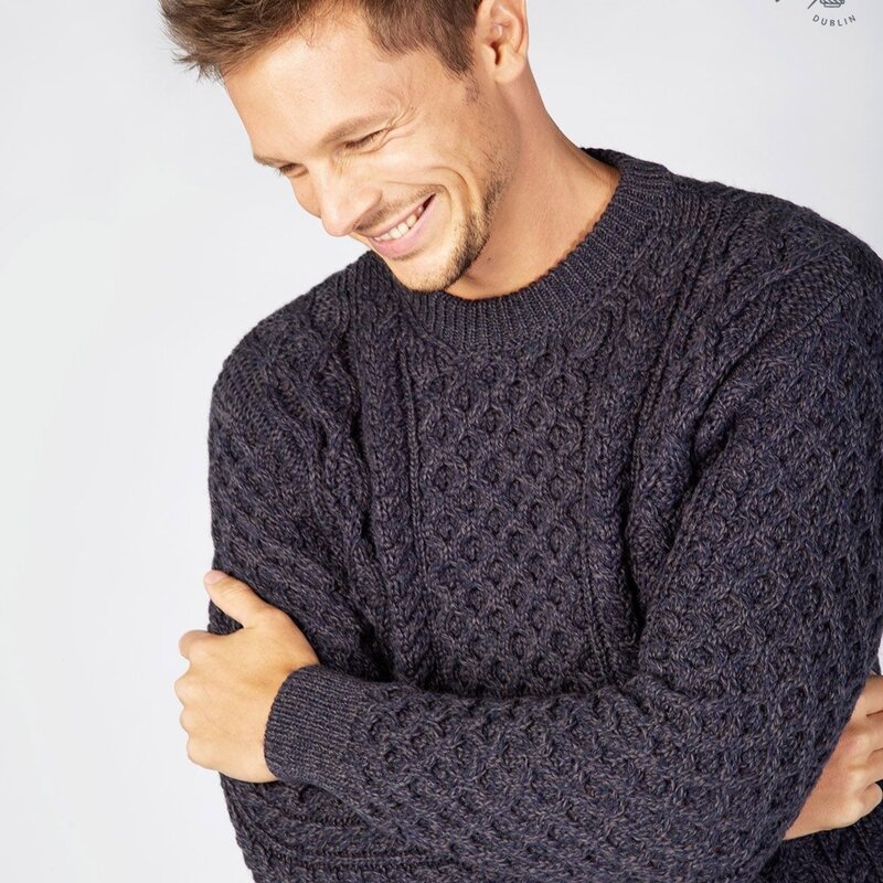 IrelandsEye Knitwear Navy Marl Wool Sweater w/ Honeycomb Stitch :