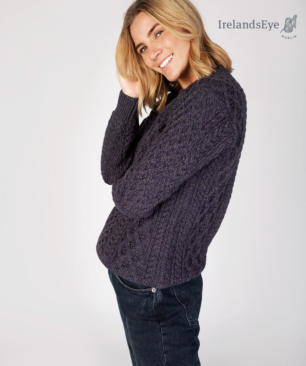 IrelandsEye Knitwear Navy Marl Wool Sweater w/ Honeycomb Stitch