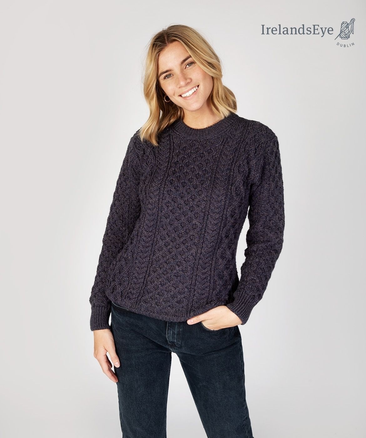 IrelandsEye Knitwear Navy Marl Wool Sweater w/ Honeycomb Stitch :