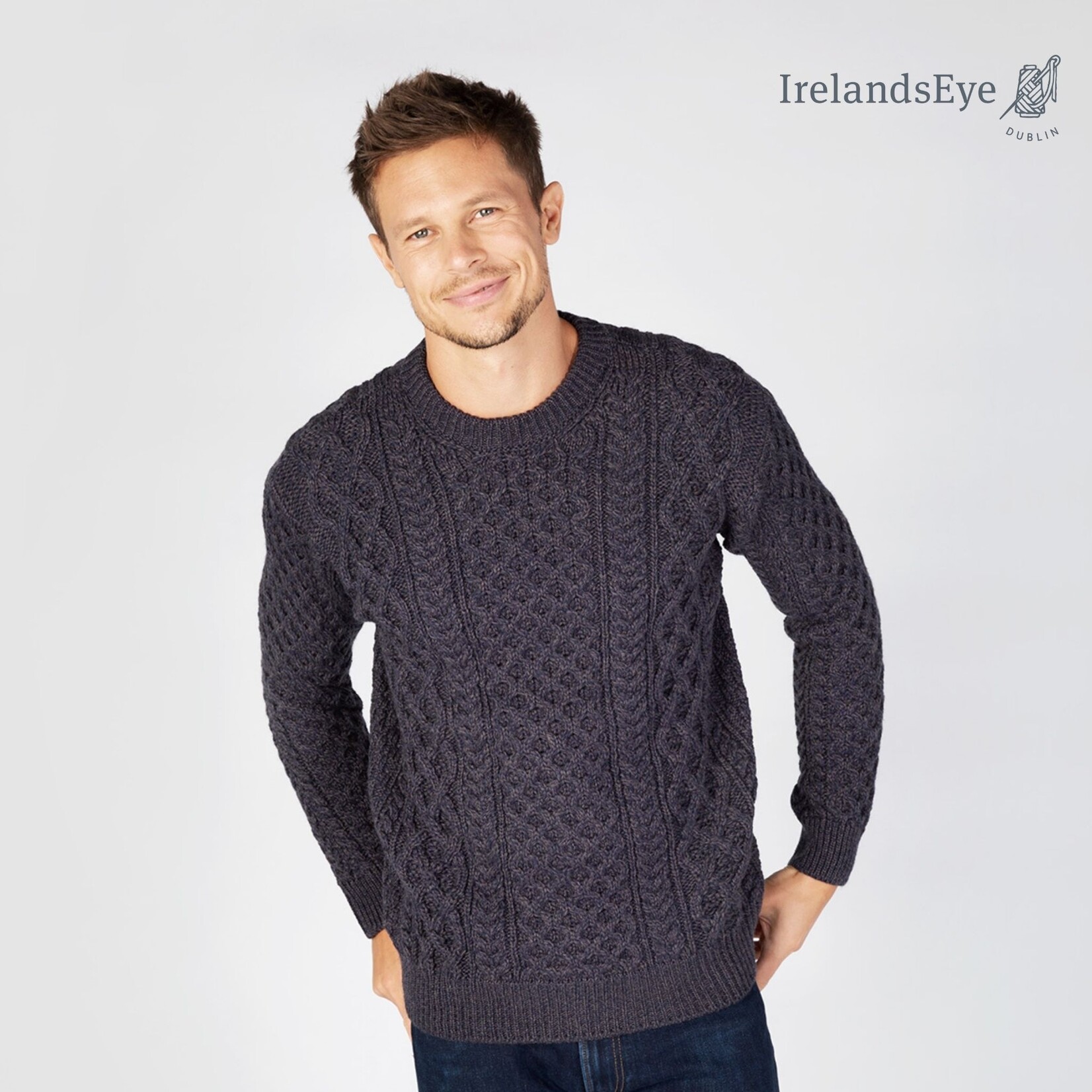 IrelandsEye Knitwear Navy Marl Wool Sweater w/ Honeycomb Stitch :
