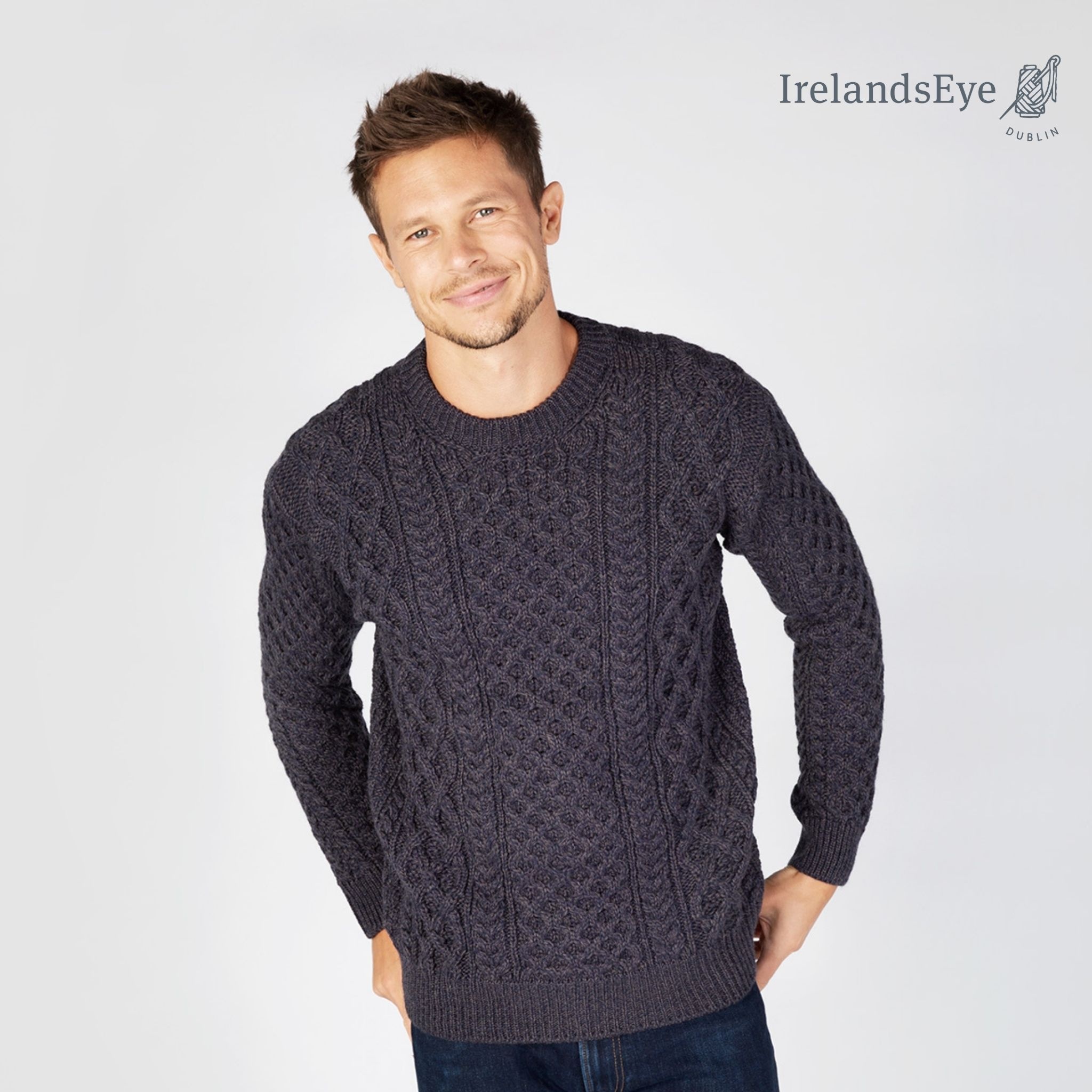 IrelandsEye Knitwear Navy Marl Wool Sweater w/ Honeycomb Stitch