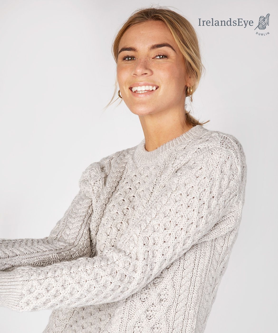 IrelandsEye Knitwear Silver Marl Wool Sweater w/ Honeycomb Stitch