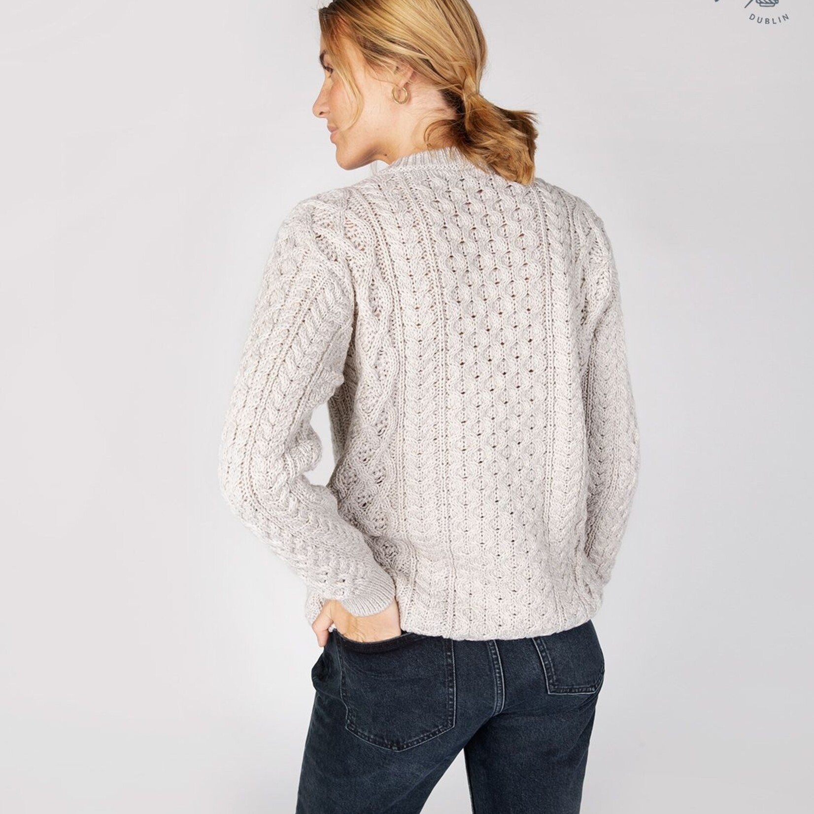 IrelandsEye Knitwear Silver Marl Wool Sweater w/ Honeycomb Stitch :