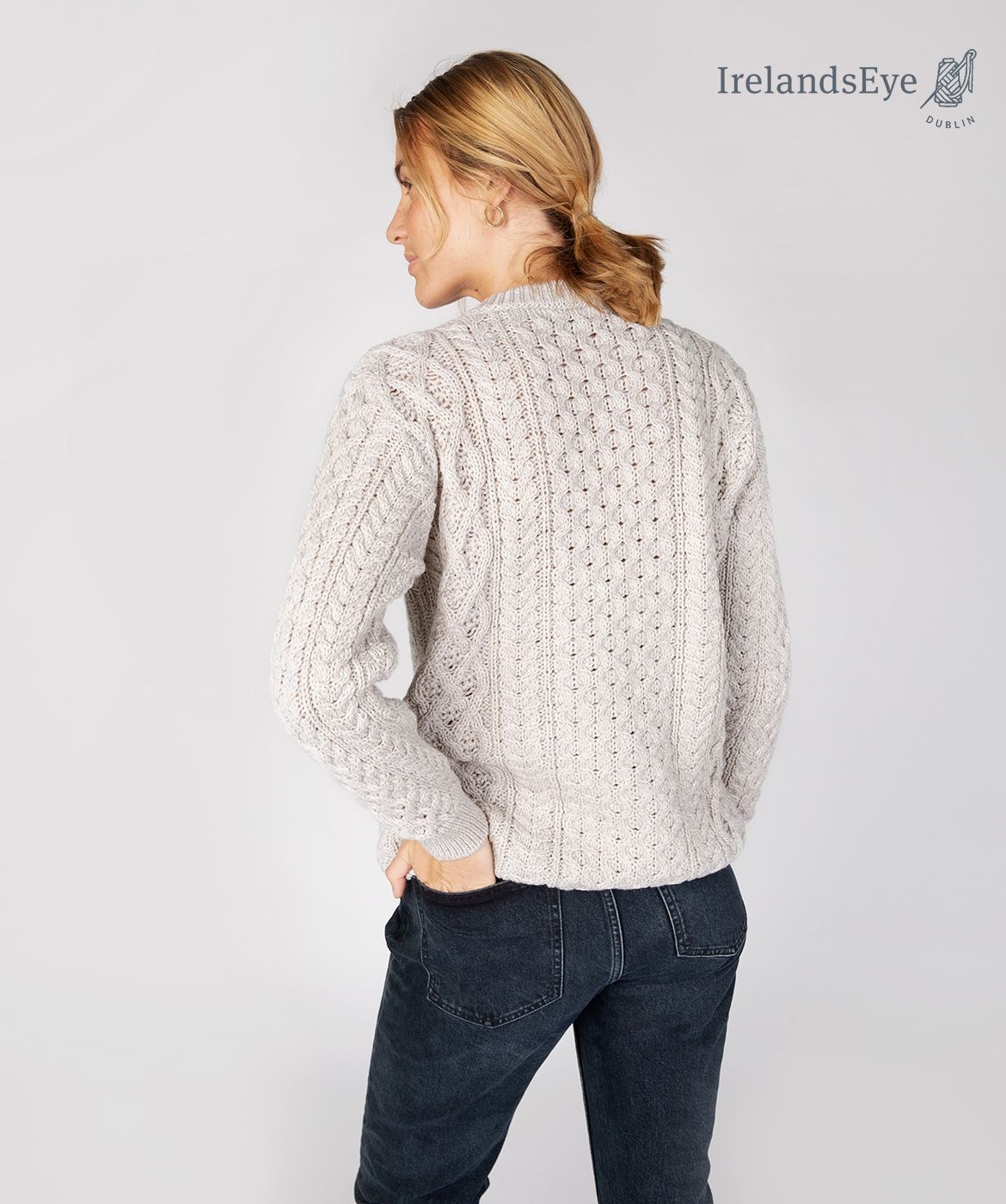 IrelandsEye Knitwear Silver Marl Wool Sweater w/ Honeycomb Stitch