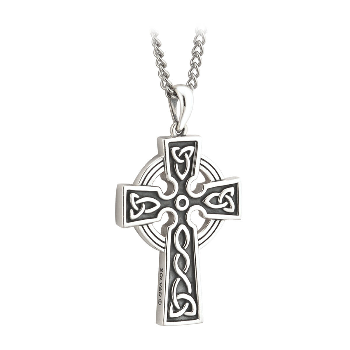Solvar Sterling Silver Double Sided Celtic Cross w/ Steel Chain (31mm)