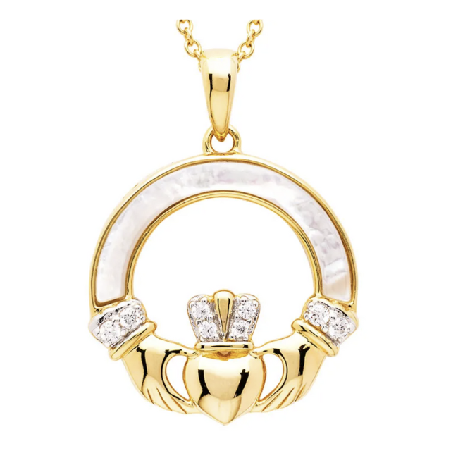 Shanore 14 kt Gold Verm. Claddagh Necklace w/ Mother of Pearl