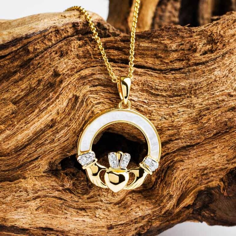 Shanore 14 kt Gold Verm. Claddagh Necklace w/ Mother of Pearl