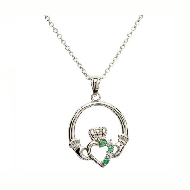 Shanore Sterling Silver Green/CZ Claddagh Necklace