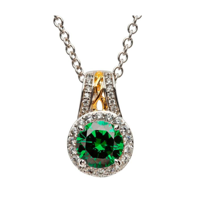 Shanore Sterling Silver Round Halo Green/CZ Necklace