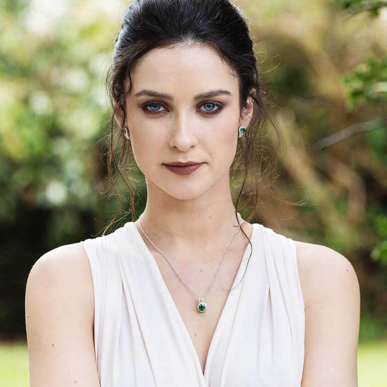 Shanore Sterling Silver Round Halo Green/CZ Necklace