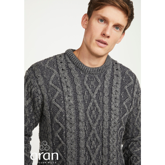 Aran Woollen Mills Wool Plaited Crew Neck Sweater: Grey Derby