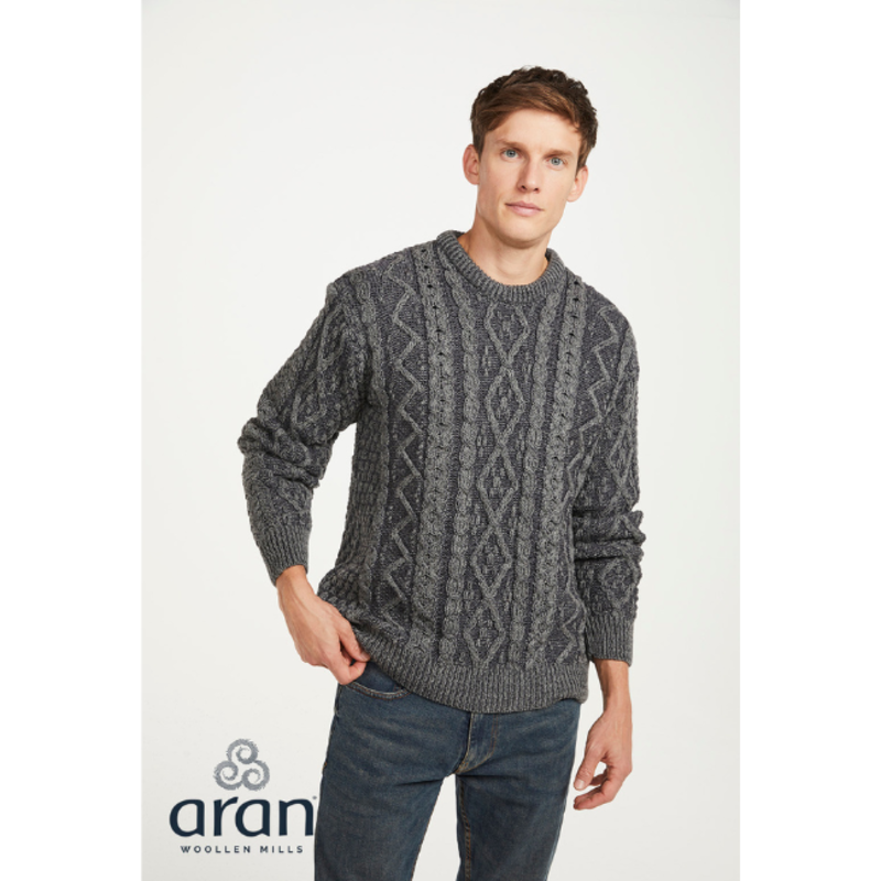 Aran Woollen Mills Wool Plaited Crew Neck Sweater: Grey Derby
