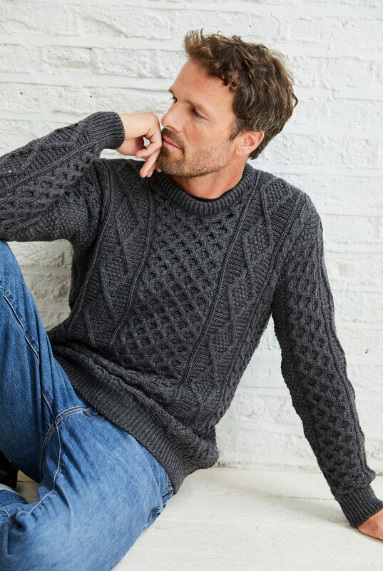 Aran Woollen Mills Wool Plaited Crew Neck Sweater: Grey Derby