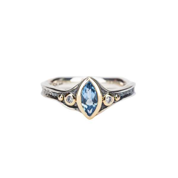 Keith Jack Sterling Silver + 10k Rocks n' Rivers Marquise Blue Topaz Ring