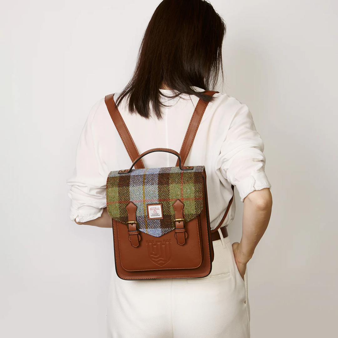 Islander Calton Leather & Tweed Backpack: Blue Chestnut Tartan
