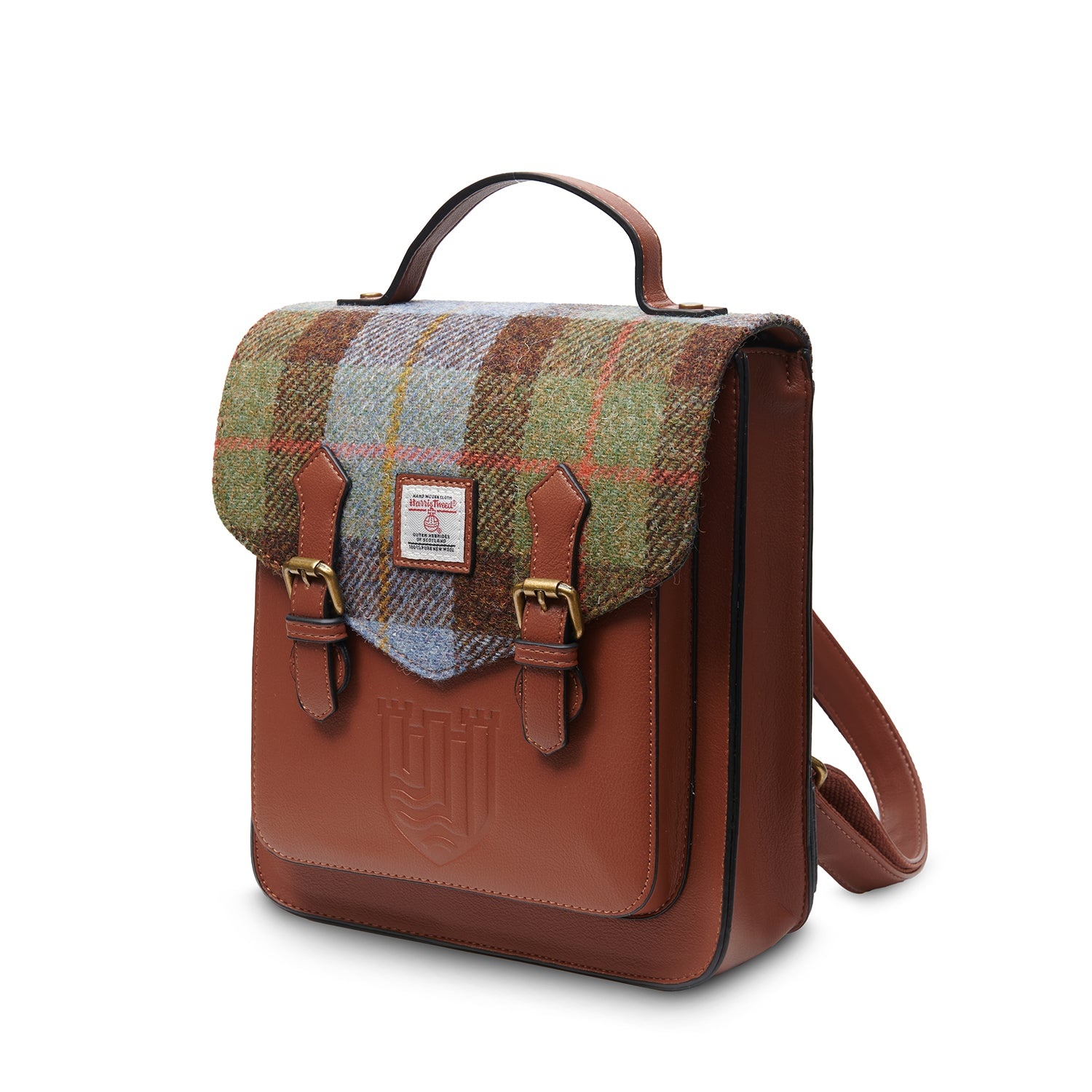 Islander Calton Leather & Tweed Backpack: Blue Chestnut Tartan