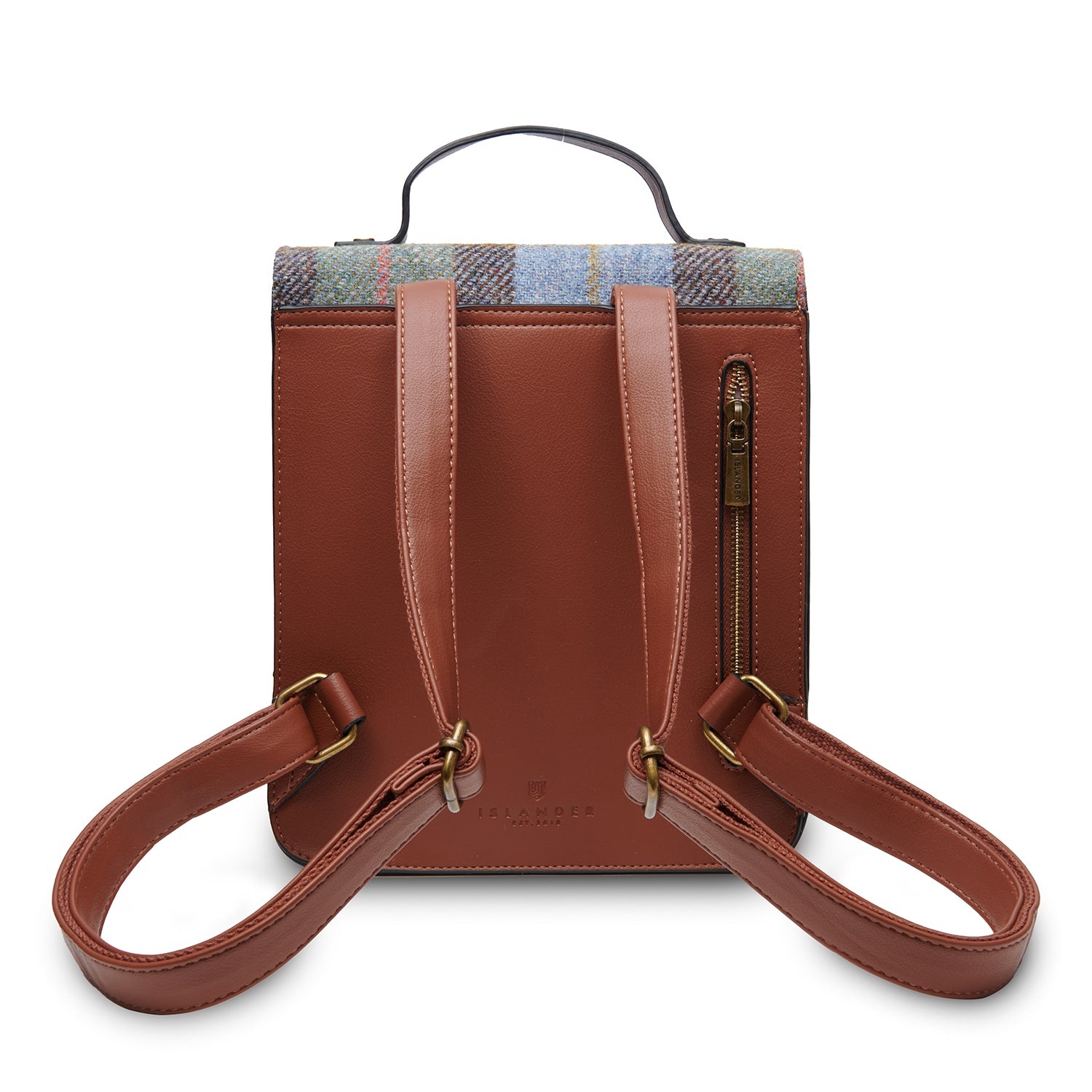 Islander Calton Leather & Tweed Backpack: Blue Chestnut Tartan