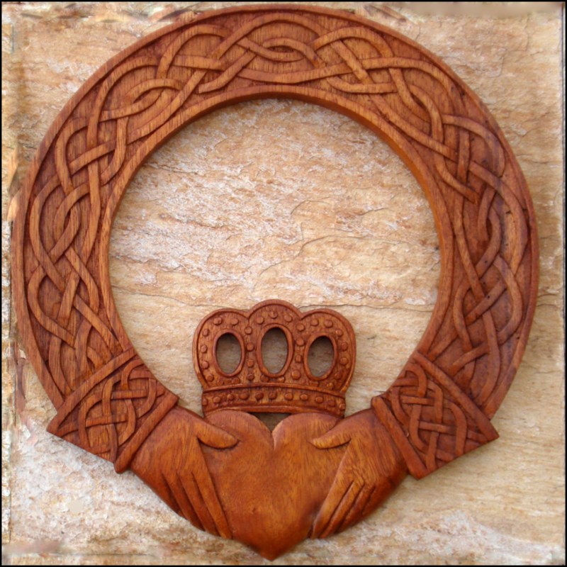 Blue Frogs Mahogany Wood Carving:  Claddagh