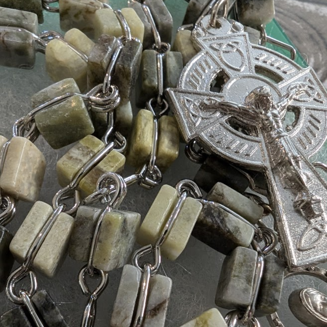 JC Walsh Connemara Marble Square Rosary Beads - St. Patrick