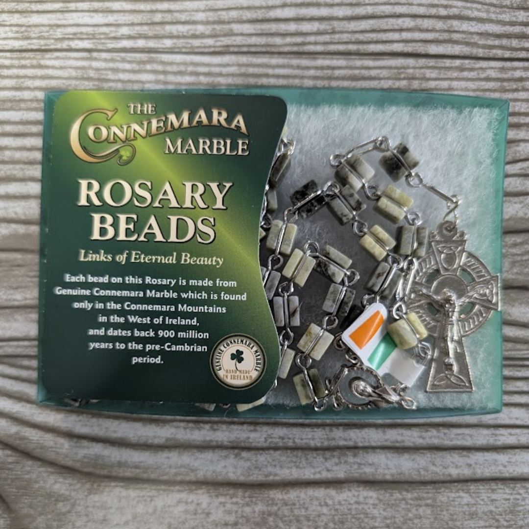 JC Walsh Connemara Marble Square Rosary Beads - St. Patrick