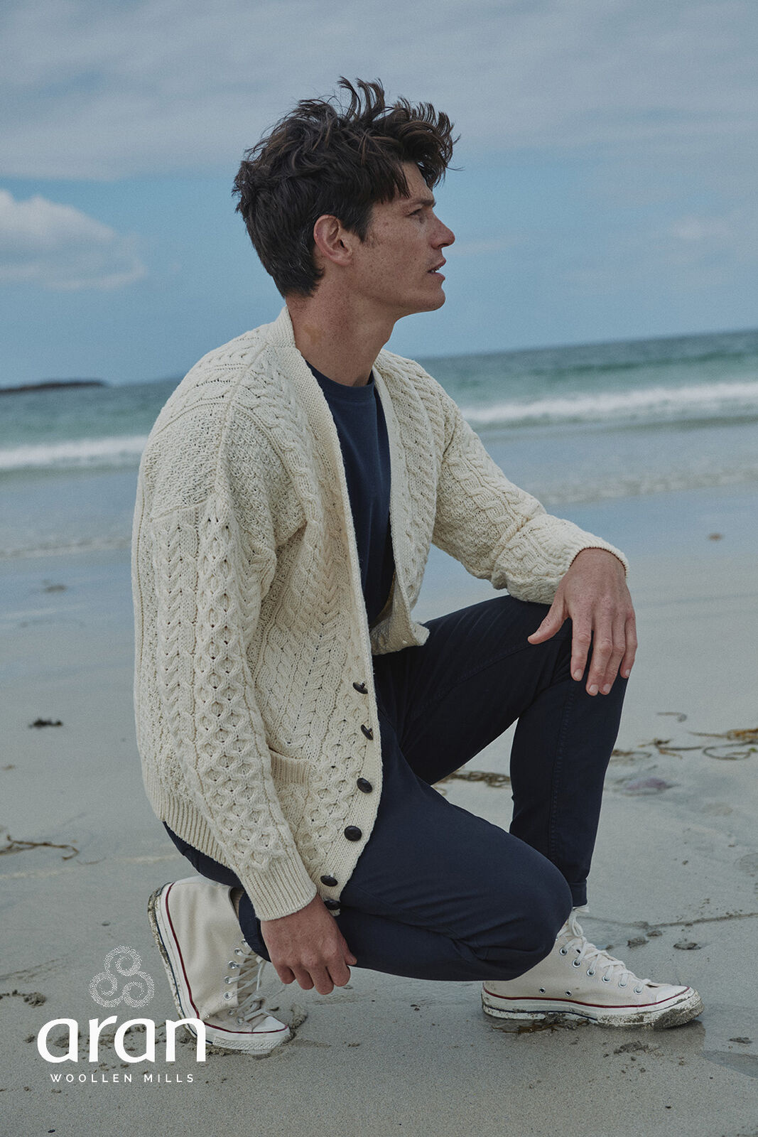 Aran Woollen Mills Wool V-Neck Natural Cardigan
