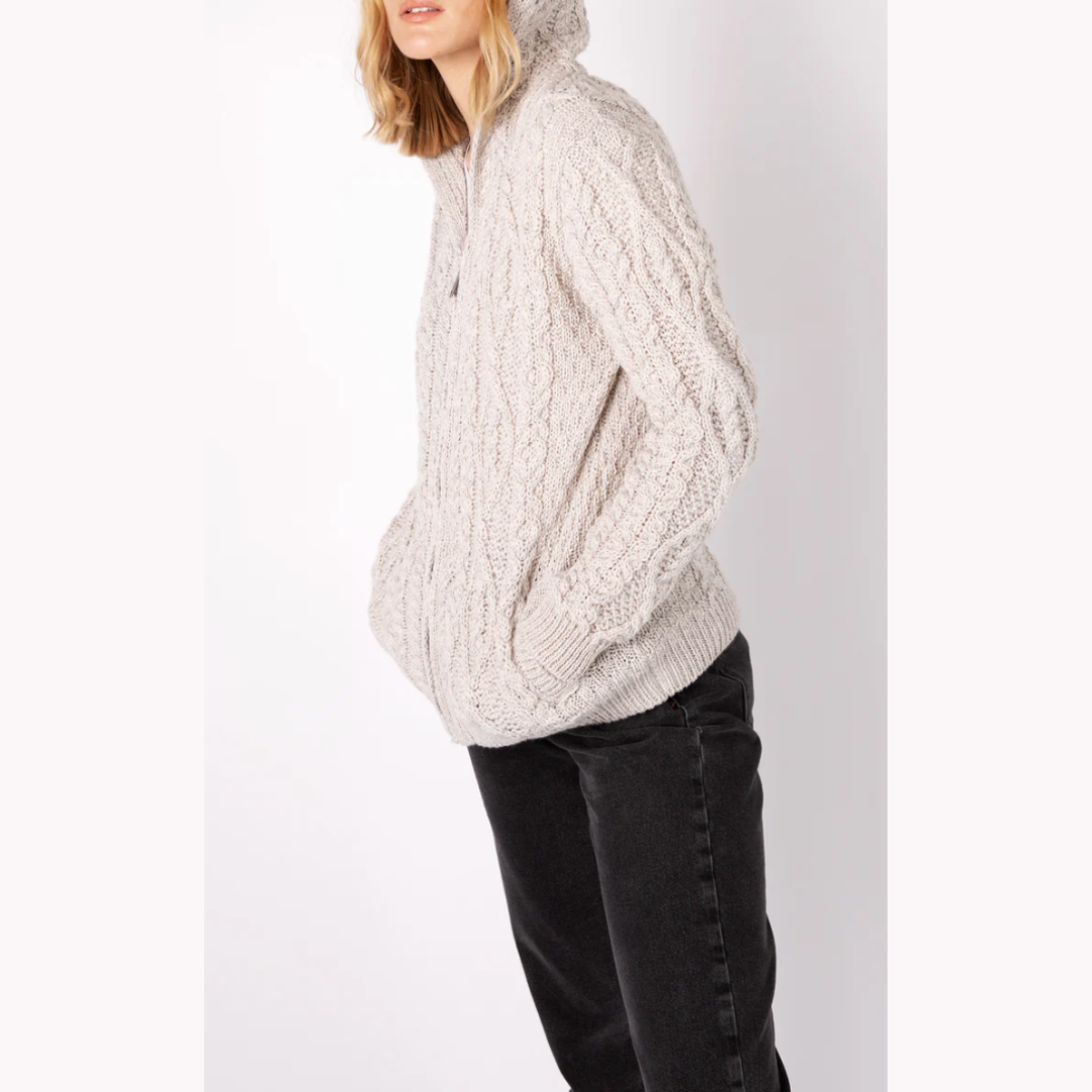 IrelandsEye Knitwear Aran Silver Marl Zip-Up Hooded Sweater: