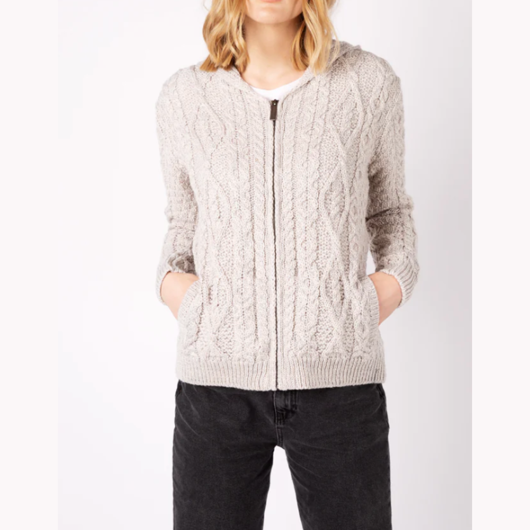 IrelandsEye Knitwear Aran Silver Marl Zip-Up Hooded Sweater: