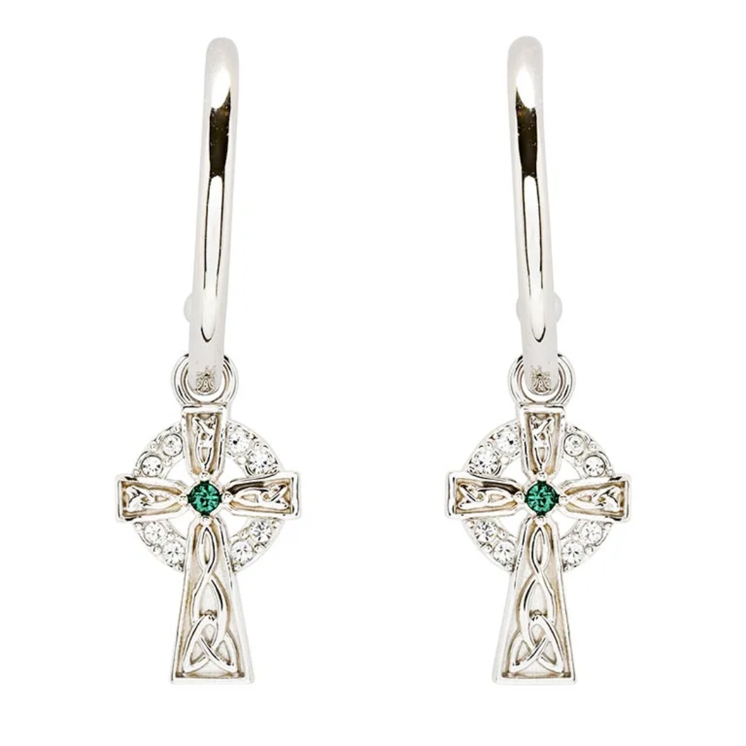 Shanore Sterling Silver Celtic Cross Hoop Earrings w/ Green Stone