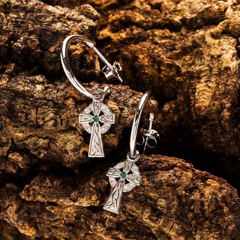 Shanore S/S Celtic Cross Hoop Earrings w/ Green Stone