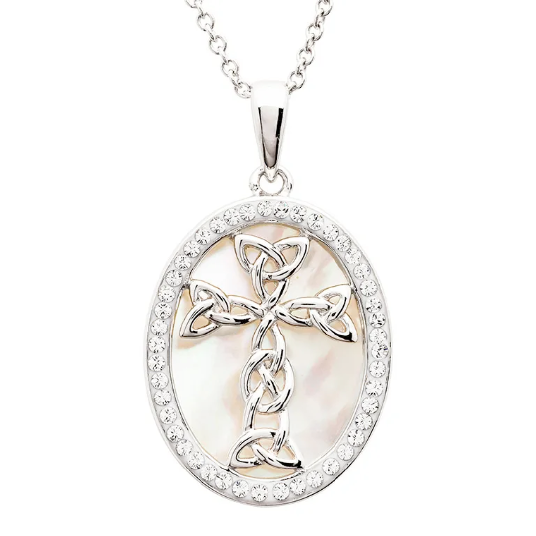 Shanore Sterling Silver Celtic Cross Necklace w/ Mother of Pearl & Swarovski CZ