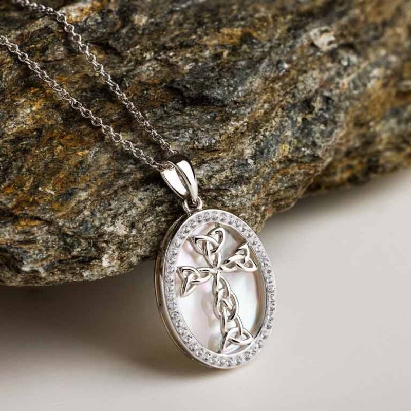Shanore S/S Celtic Cross Necklace w/ Mother of Pearl & Swarovski CZ