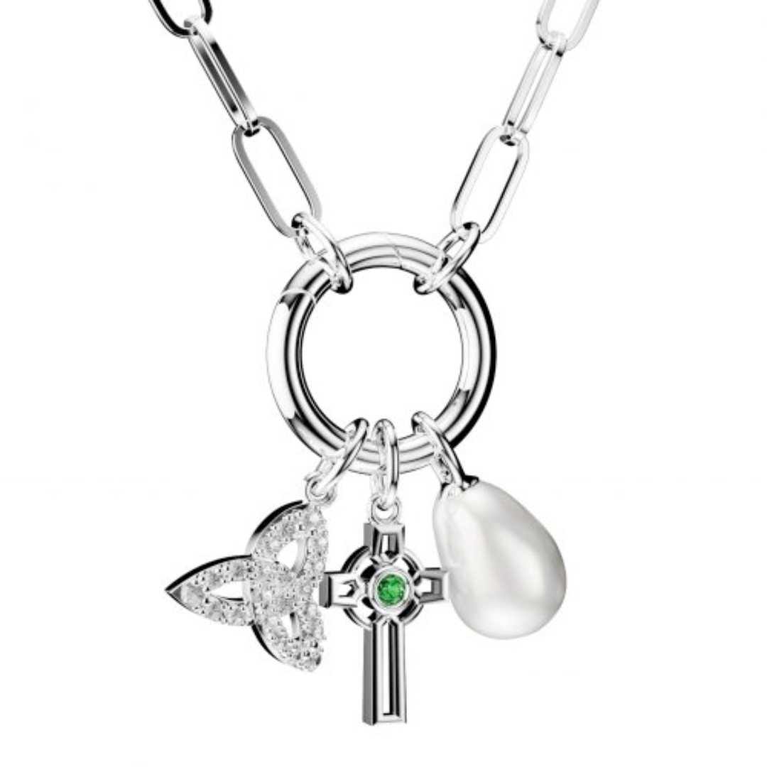 Boru Jewelry Pearl Trinity Cross Necklace Silver with CZ