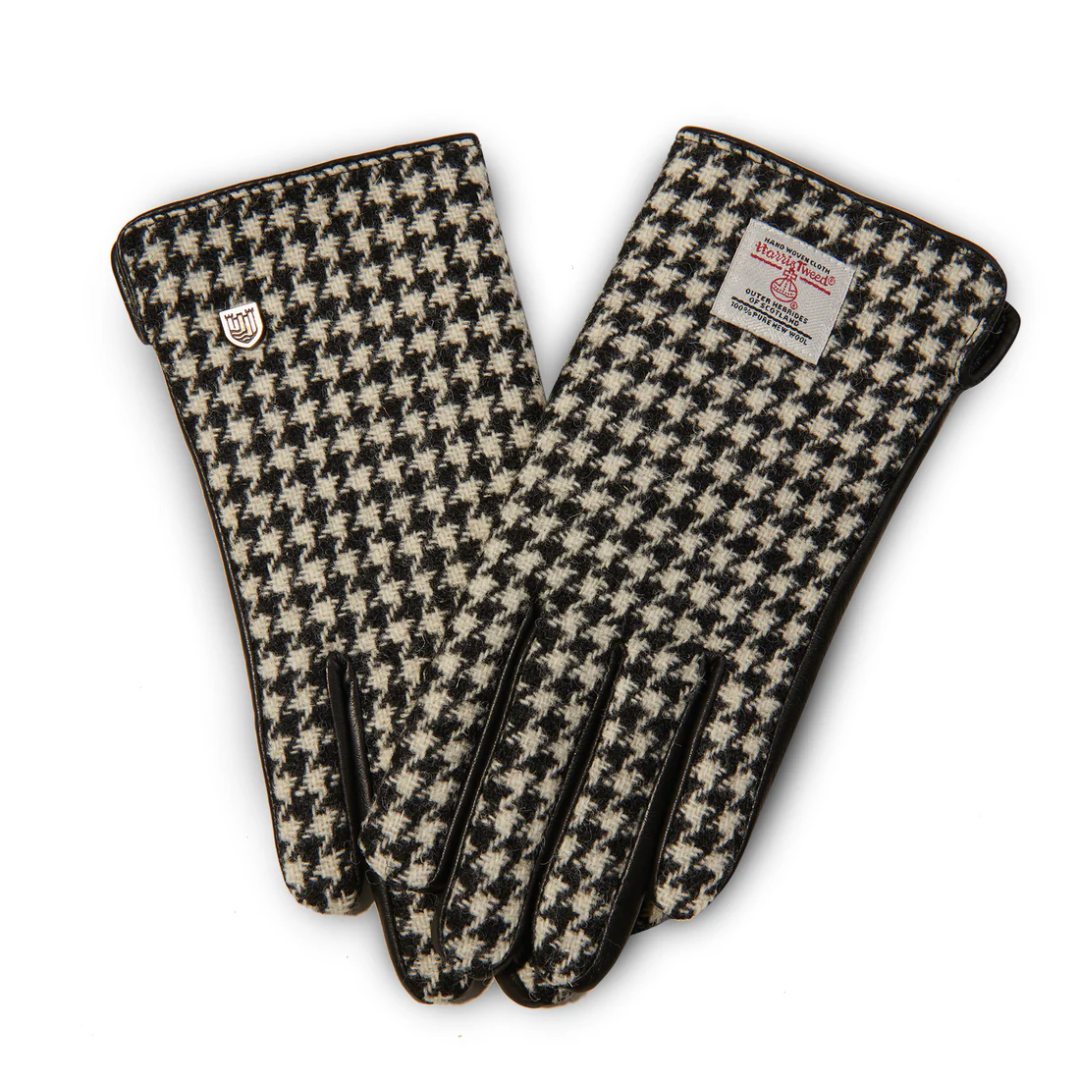 Islander Womens Tweed & Leather Gloves: Black/White Dogtooth
