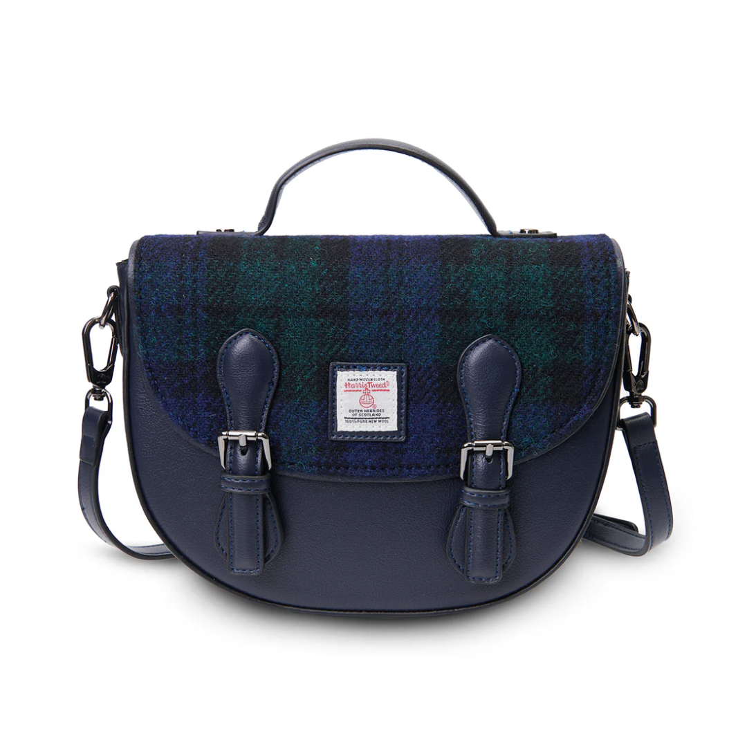 Islander Medium Leather & Tweed Cobble Satchel: Blackwatch