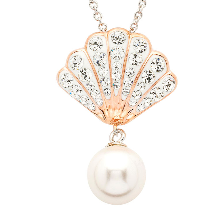 Shanore Rose Gold Pearl and Crystal Seashell Necklace