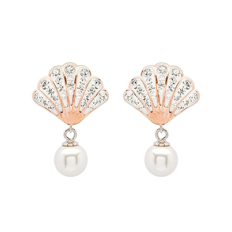 Shanore Rose Gold Pearl and Crystal Seashell Earrings