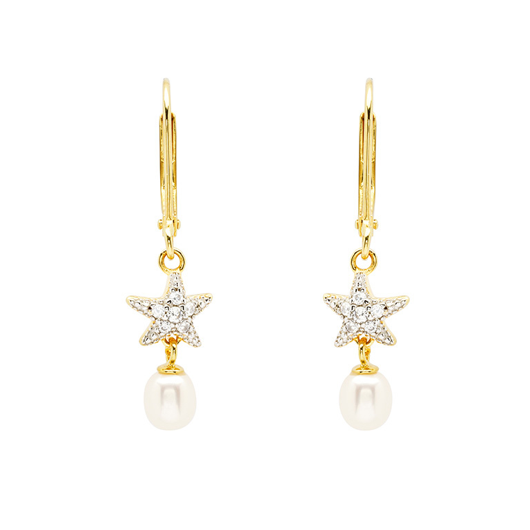 Shanore Gold Vermeil, Pearl, and White Crystal Starfish Drop Earrings