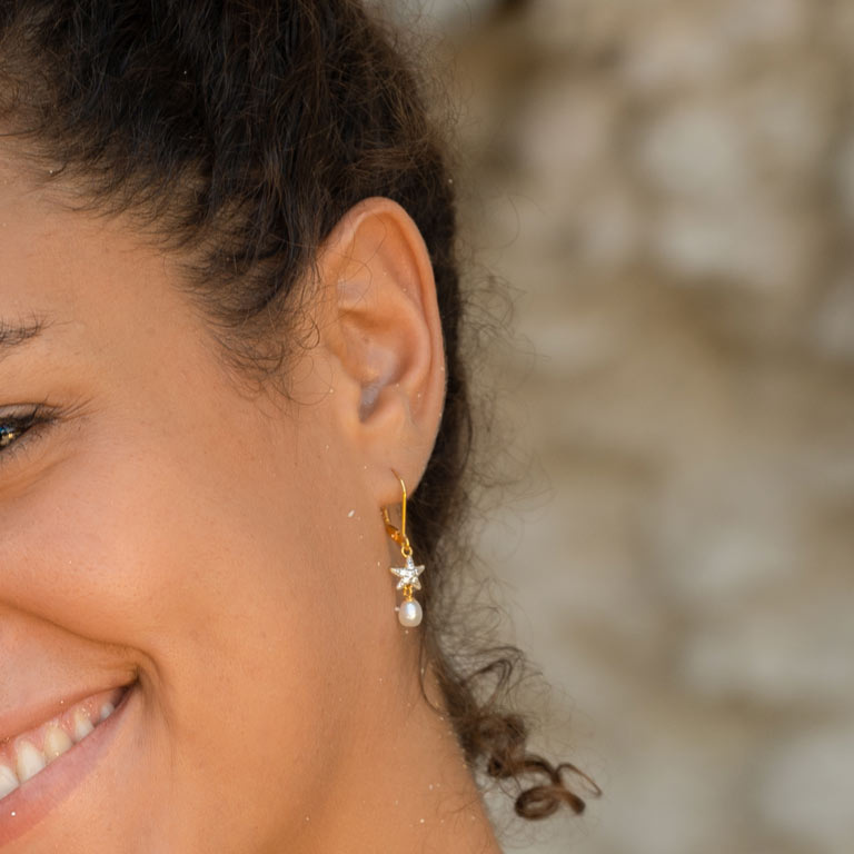 Shanore Gold Vermeil, Pearl, and White Crystal Starfish Drop Earrings