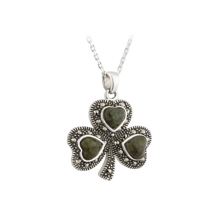 Solvar Sterling Silver Shamrock Necklace w/ Connemara Marble & Marcasite