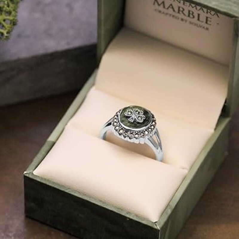 Solvar Sterling Silver Shamrock Connemara Marble & Marcasite Ring