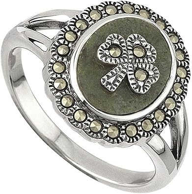 Solvar Sterling Silver Shamrock Connemara Marble & Marcasite Ring